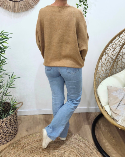 Pull femme uni coeur léopard brodé