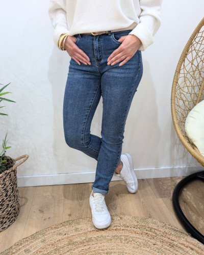 Jean femme slim bleu foncé délavé coupe confort push up