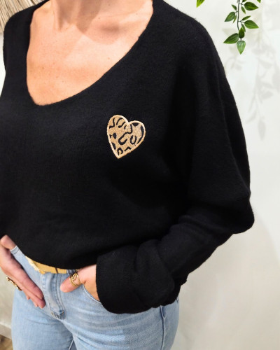 Pull femme uni coeur léopard brodé