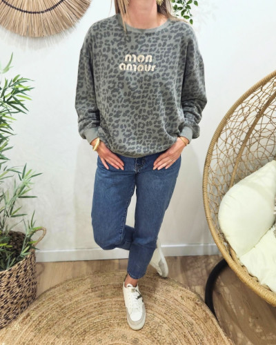 Pull sweat femme léopard Mon amour