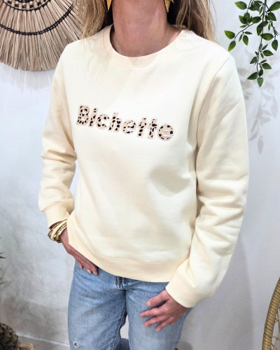 Sweat femme beige broderie Bichette léopard