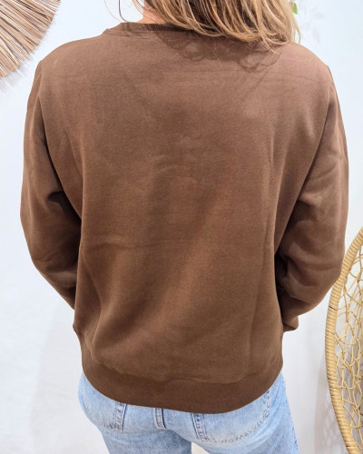 Sweat femme marron broderie Bichette léopard