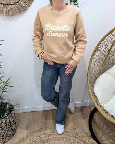 Sweat femme camel Bichette d'amour moumoute beige