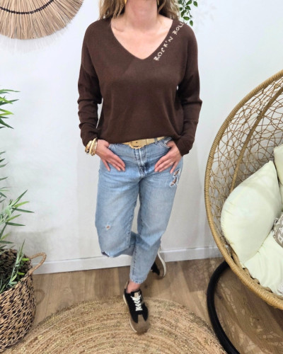 Pull femme col V Rock'nRoll pailleté