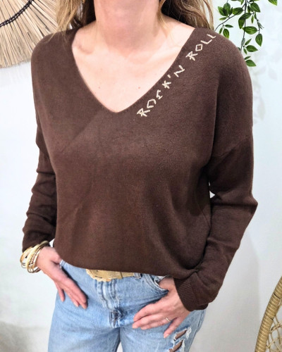 Pull femme col V Rock'nRoll pailleté