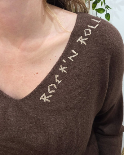 Pull femme col V Rock'nRoll pailleté