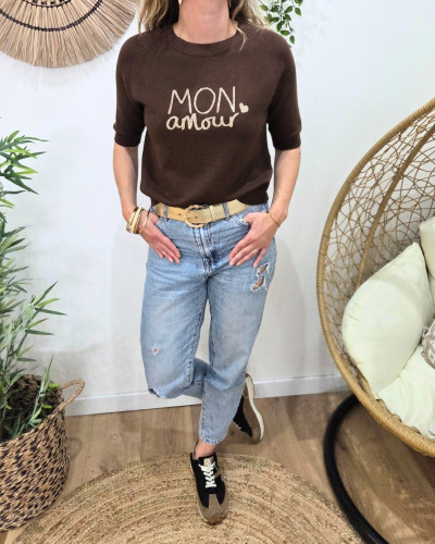 Pull court femme uni col rond Mon amour paillettes