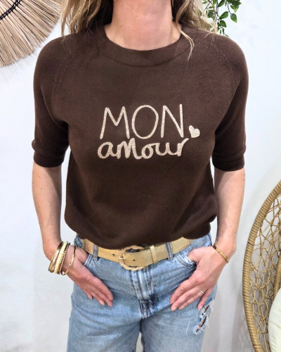 Pull court femme uni col rond Mon amour paillettes
