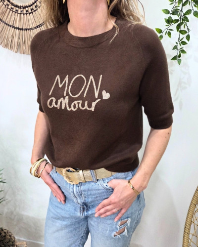 Pull court femme uni col rond Mon amour paillettes