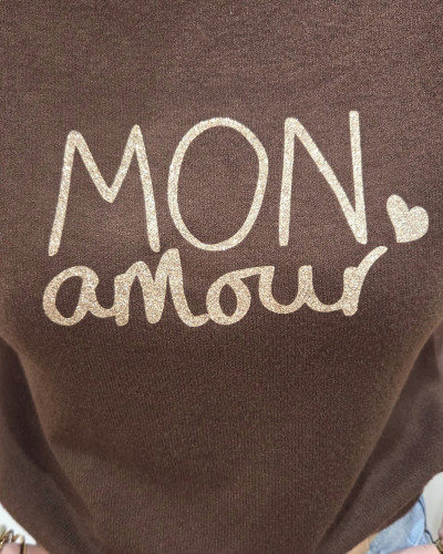 Pull court femme uni col rond Mon amour paillettes