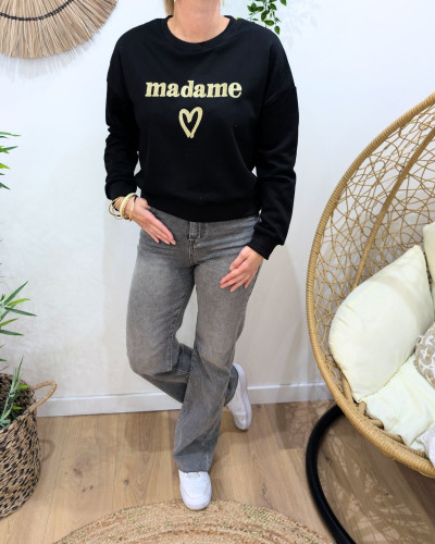 Sweat femme noir broderie Madame dorée