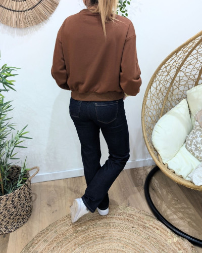 Sweat femme marron coeur relief satiné