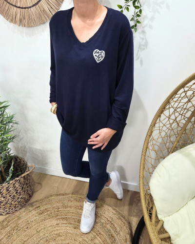 Pull femme oversize coeur léopard