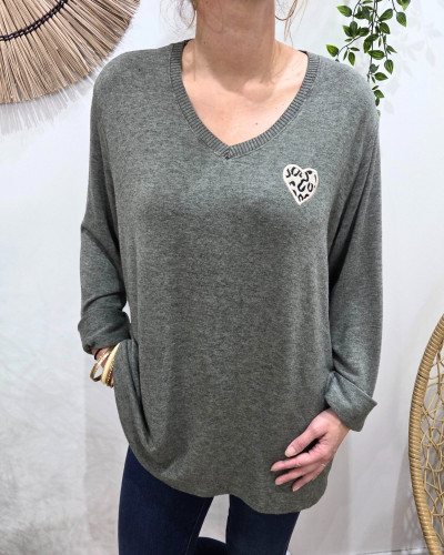 Pull femme oversize coeur léopard