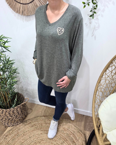 Pull femme oversize coeur léopard