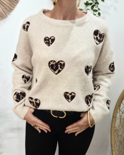 Pull femme beige coeurs léopards Thordis