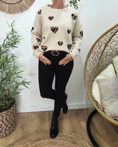 Pull femme beige coeurs léopards Thordis