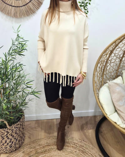 Pull femme col roulé à franges Tania