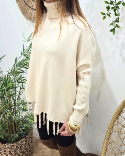 Pull femme col roulé à franges Tania