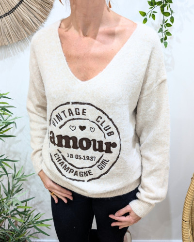 Pull femme beige broderie vintage club champagne girl marron