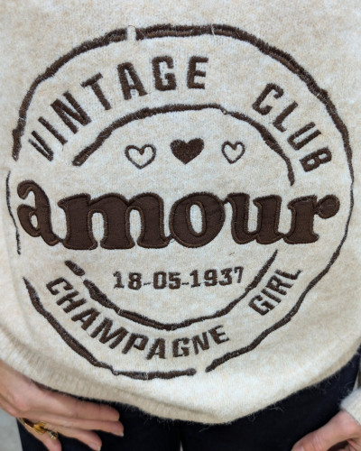 Pull femme beige broderie vintage club champagne girl marron