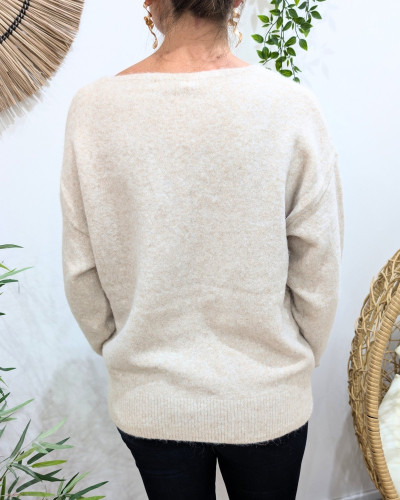 Pull femme beige broderie vintage club champagne girl marron