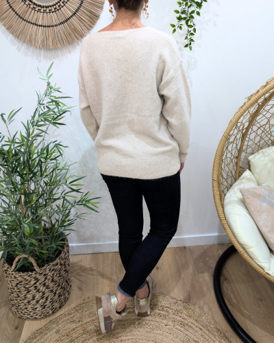 Pull femme beige broderie vintage club champagne girl marron