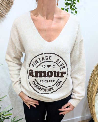 Pull femme beige broderie vintage club champagne girl marron