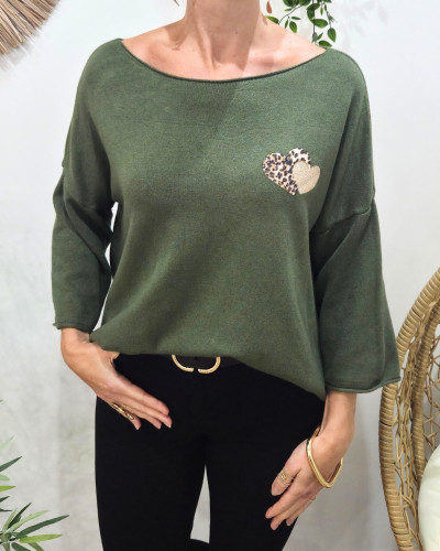 Pull femme oversize double coeur léopard paillettes