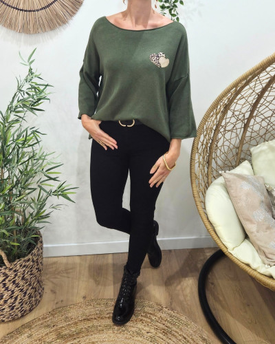 Pull femme oversize double coeur léopard paillettes