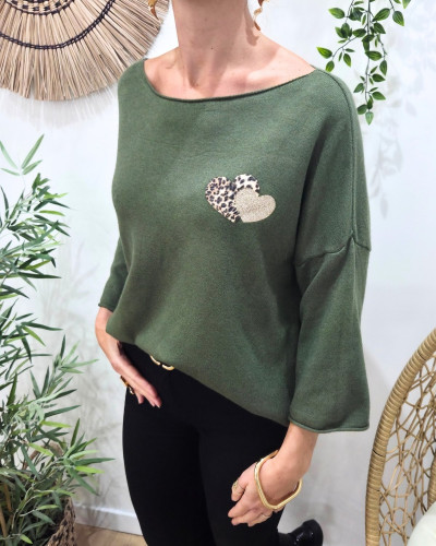 Pull femme oversize double coeur léopard paillettes
