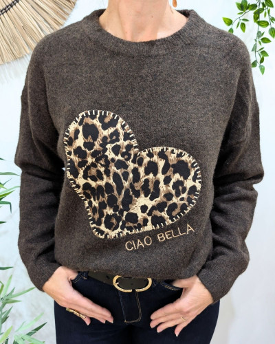 Pull femme marron coeur léopard ciao bella