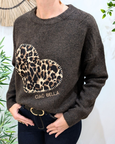 Pull femme marron coeur léopard ciao bella
