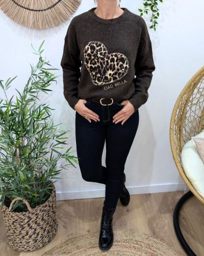 Pull femme marron coeur léopard ciao bella