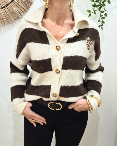 Pull femme boutonné à rayures double coeur léopard et paillettes