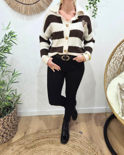 Pull femme boutonné à rayures double coeur léopard et paillettes