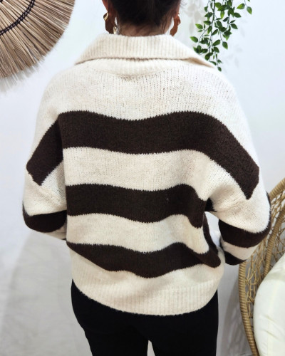 Pull femme boutonné à rayures double coeur léopard et paillettes