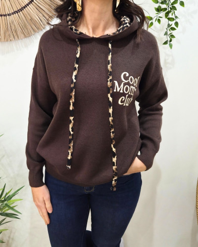 Pull à capuche femme marron et léopard Cool Mom Club