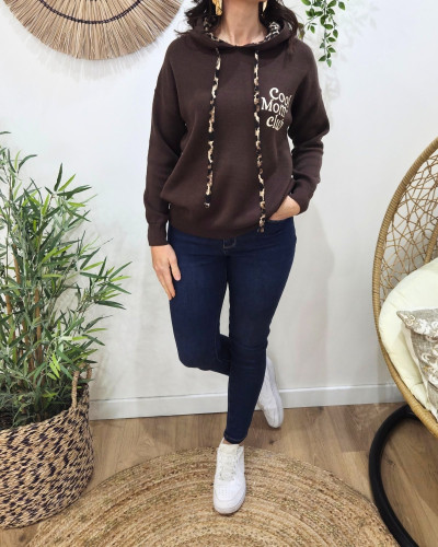 Pull à capuche femme marron et léopard Cool Mom Club