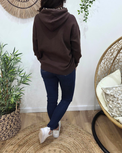 Pull à capuche femme marron et léopard Cool Mom Club