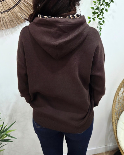 Pull à capuche femme marron et léopard Cool Mom Club