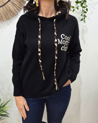 Pull à capuche femme noir et léopard Cool Mom Club