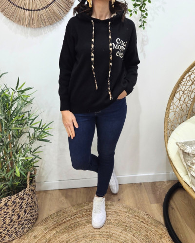 Pull à capuche femme noir et léopard Cool Mom Club