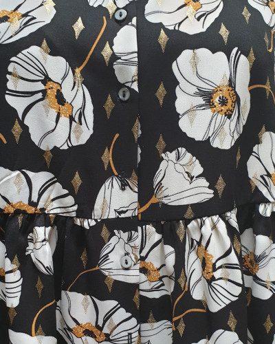 Robe chemise noire coquelicots blancs moutardes et dorés