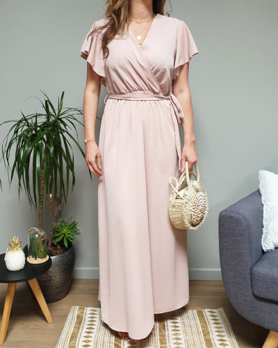 Robe longue unie vieux rose manches volantes