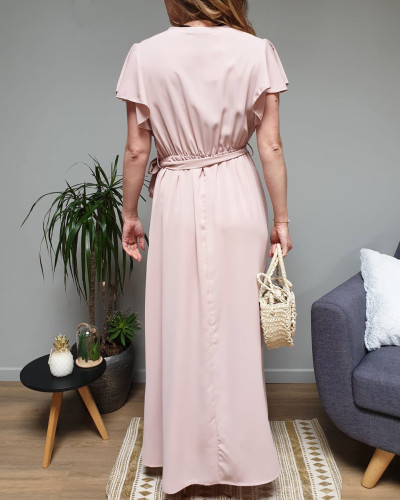 Robe longue unie vieux rose manches volantes