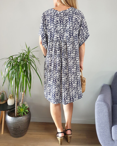 Robe grande taille fluide marine fleurs liberty blanches 14410
