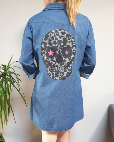 Robe chemise en jeans tête de mort leopard étoiles roses