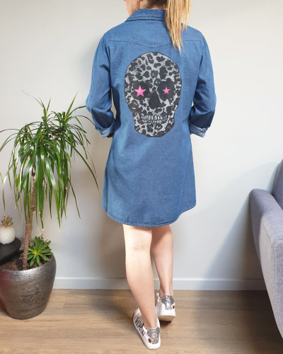 Robe chemise en jeans tête de mort leopard étoiles roses