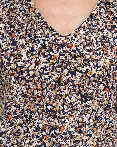 Robe droite marine fleurie liberty blanche brique taupe et étoiles dorées